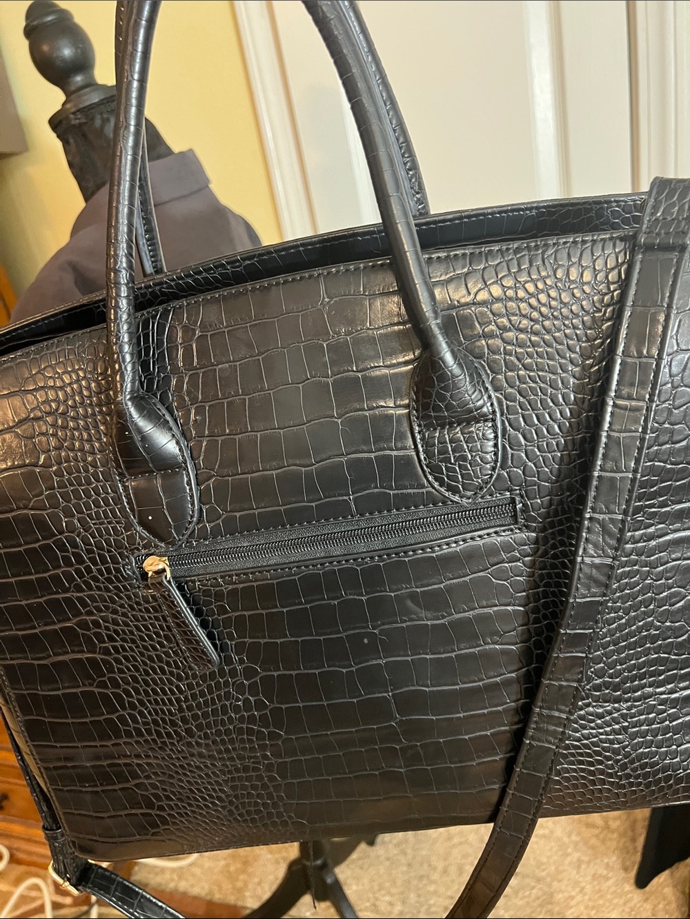 Black Croc-Embossed Tote with Gold Hardware - Picture 4 of 5